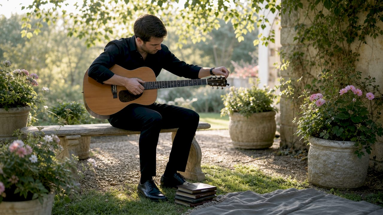 Hands tuning guitar for wedding prelude
