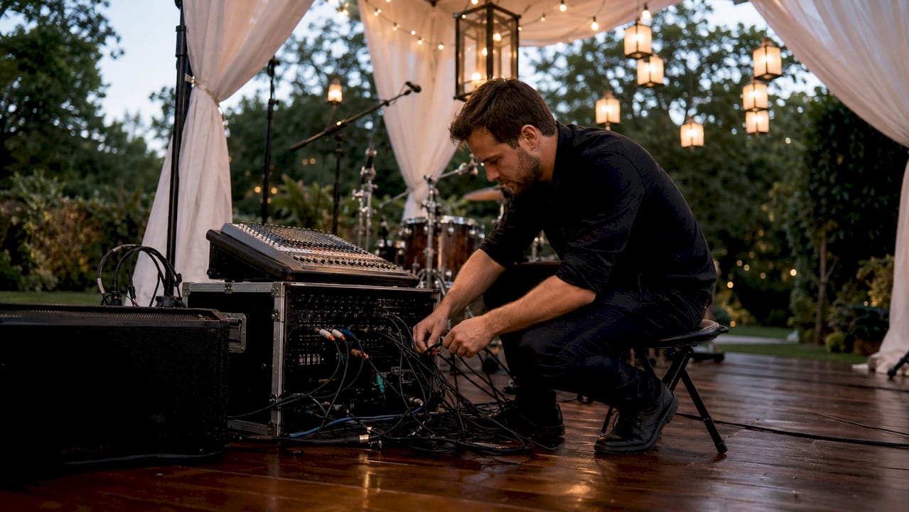 Technician preparing wedding band sound equipment on venue stage