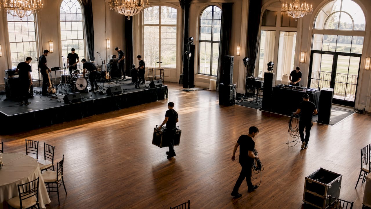 Wedding venue stage setup with band and DJ