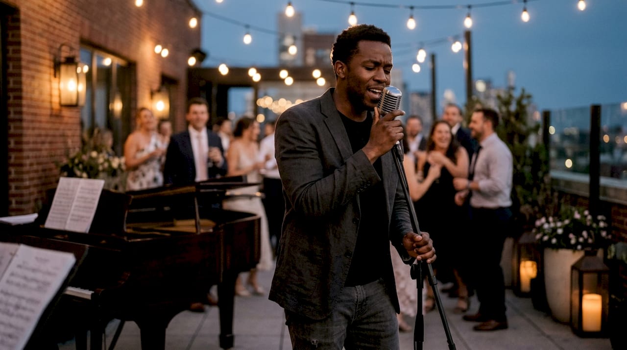 Lead singer performing at outdoor wedding stage