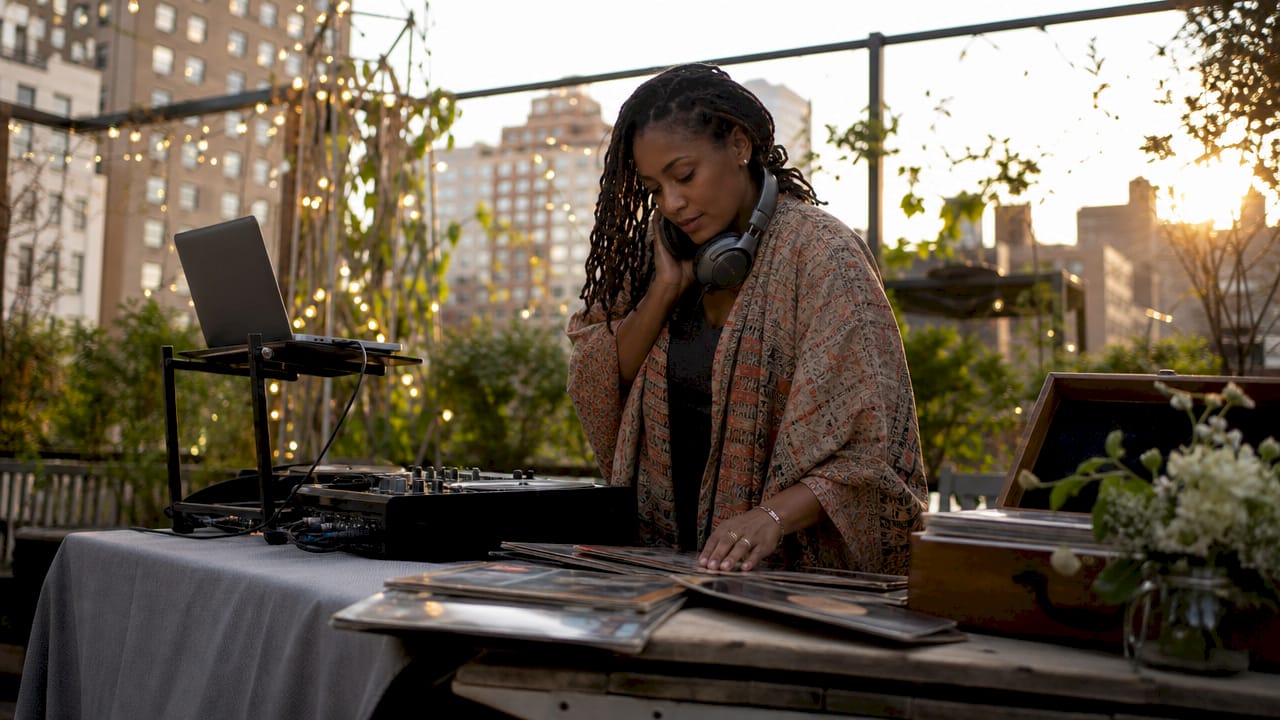 DJ preparing wedding RB playlist at garden venue