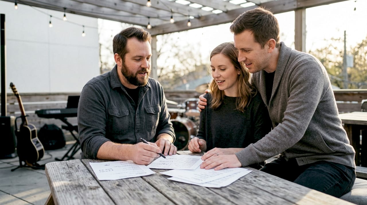 Band and couple discussing wedding setlist