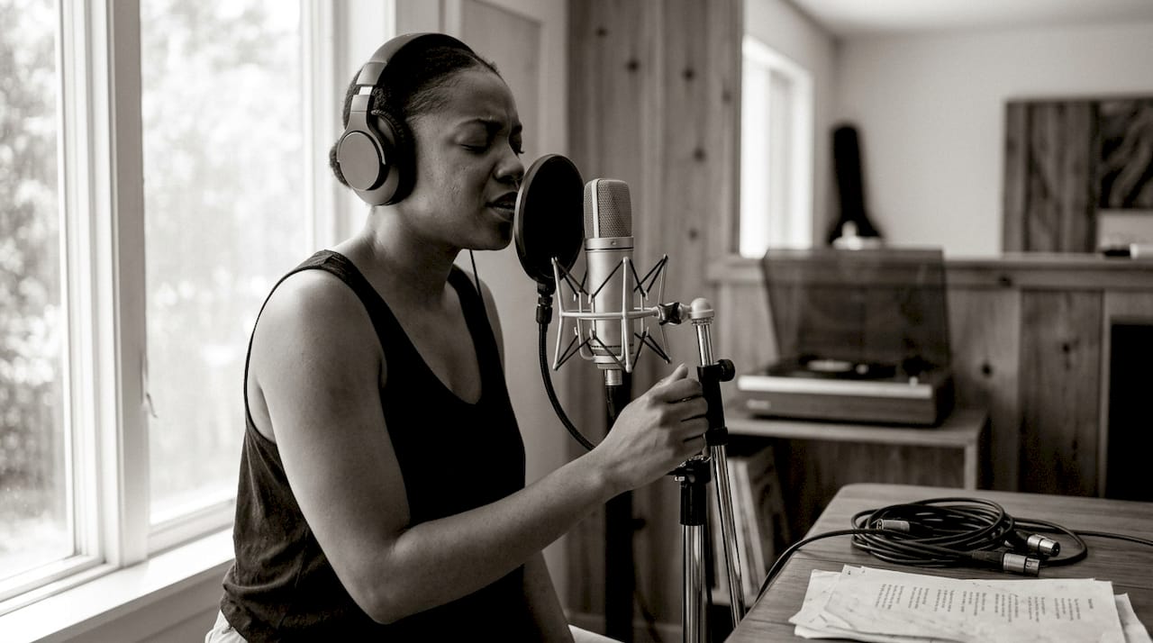 Soul vocalist singing in professional recording studio