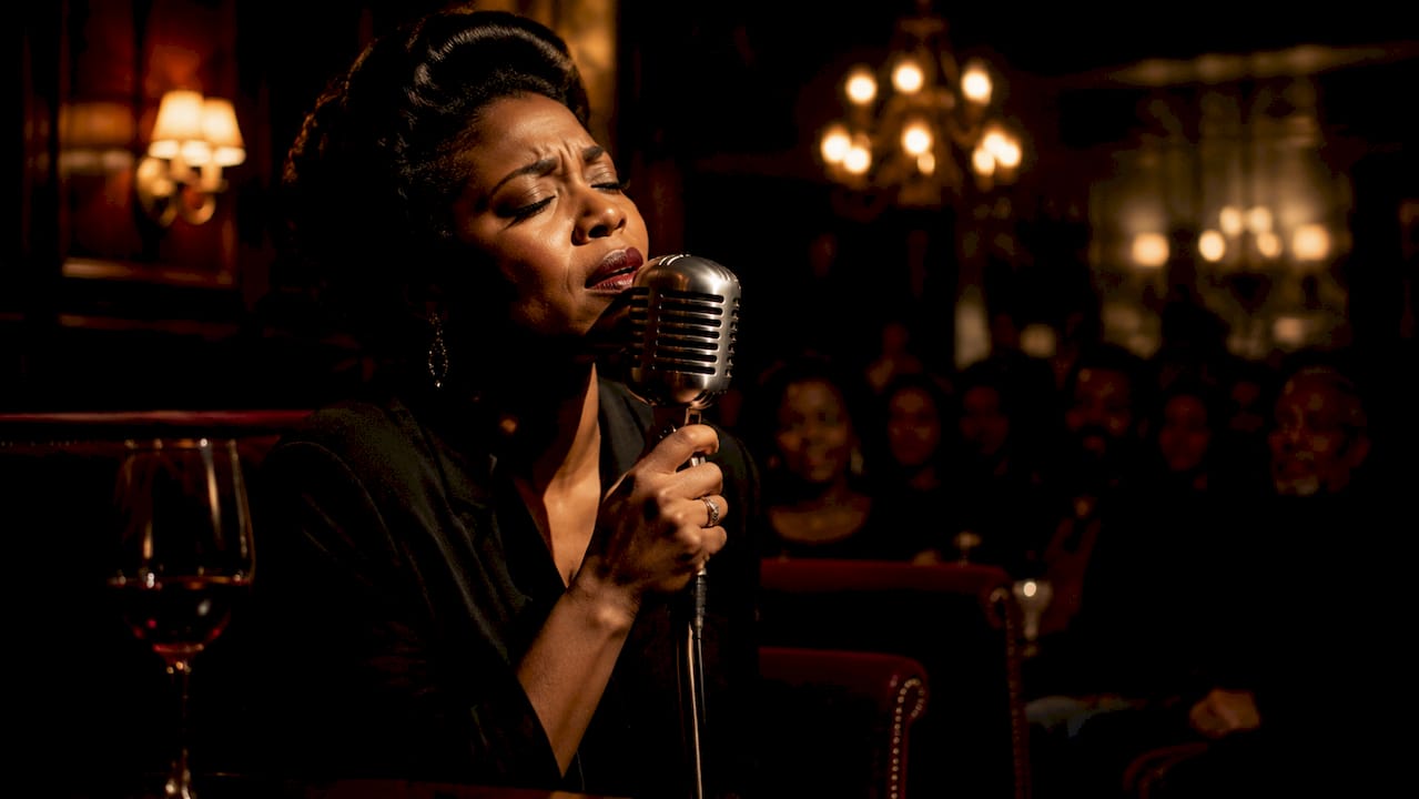 Soulful singer performing with emotion in jazz club