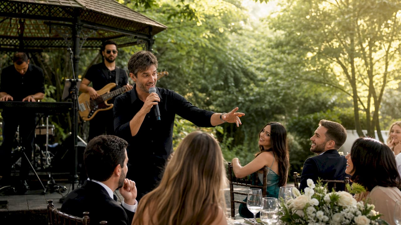 Lead singer interacting with wedding guests at live band