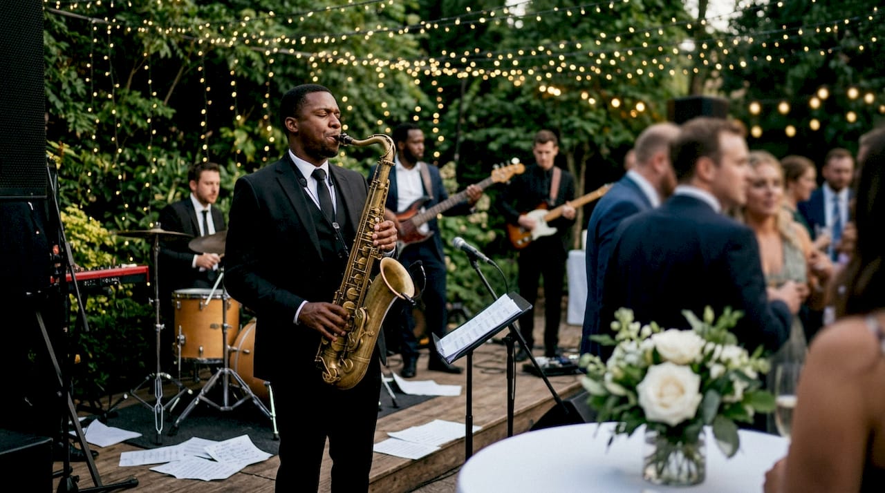 Horn player performing live soul music at wedding