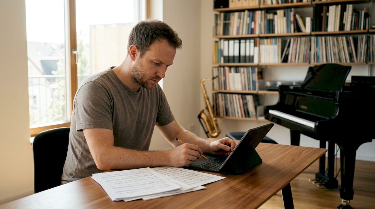 Musician arranging sheet music for band