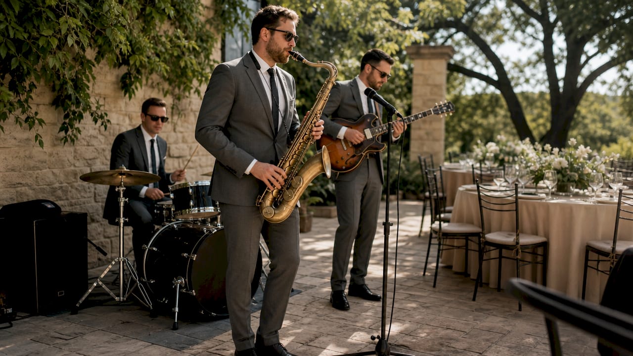 Wedding band in coordinated formal attire performing