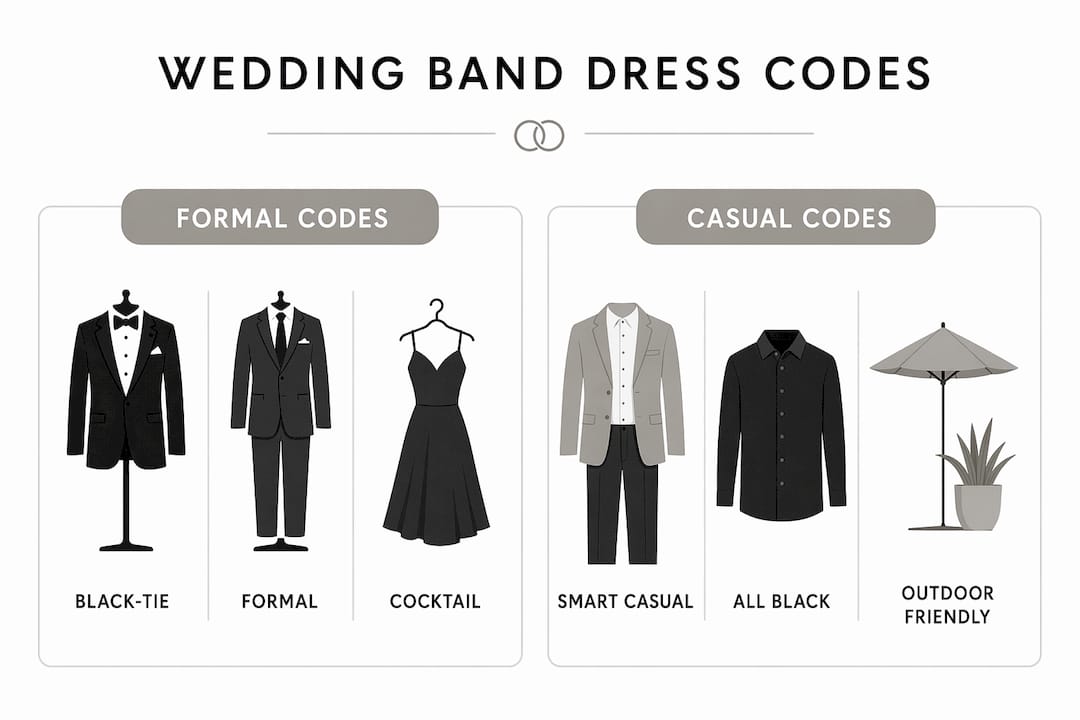 Infographic comparing formal and casual wedding band dress codes