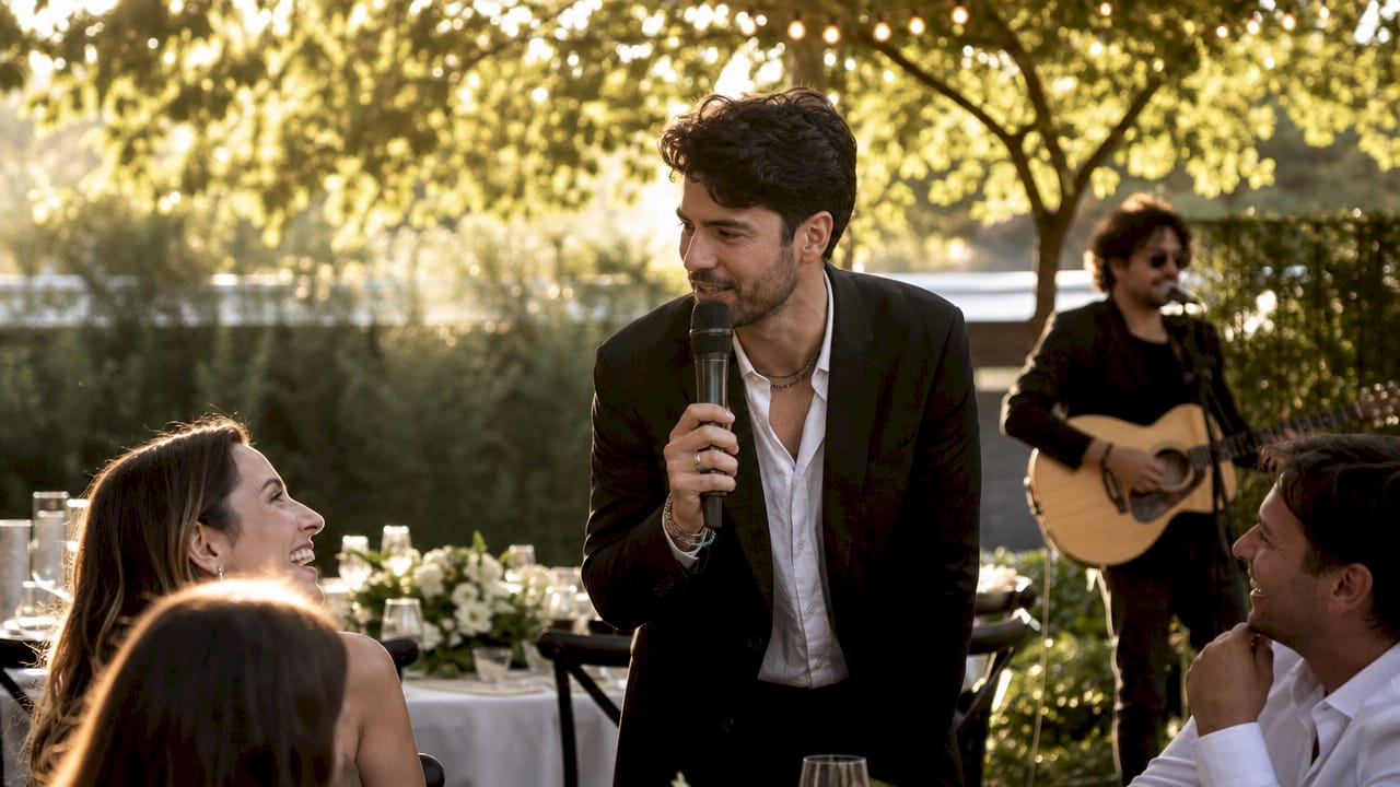 Wedding band singer interacting with guests indoors