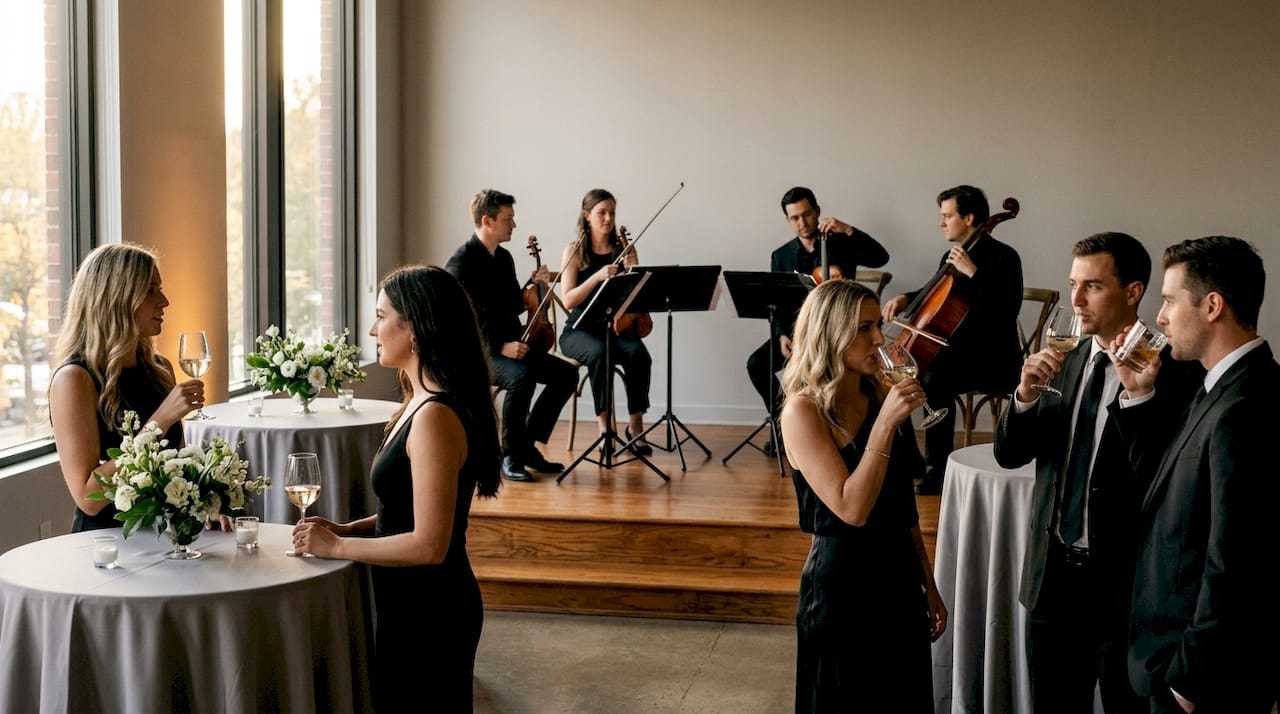 Outdoor cocktail hour setup with musicians and guests