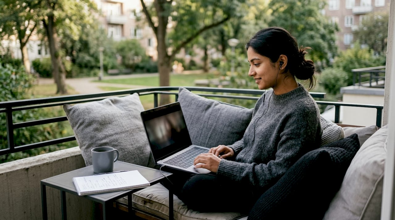 Woman watching wedding band video on laptop