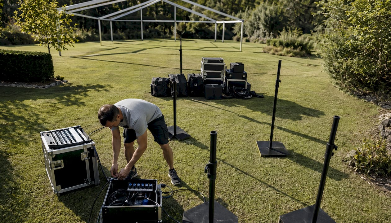 Technician setting up outdoor band sound equipment