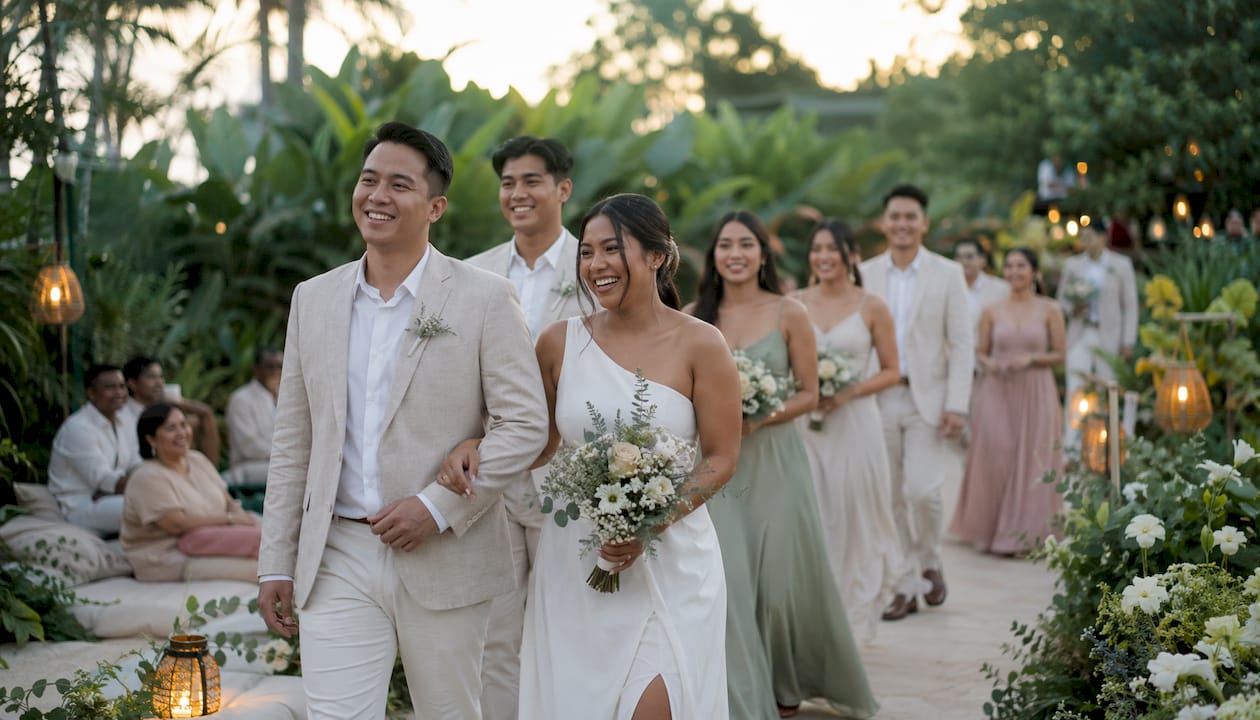 Bridal party walking down the wedding aisle