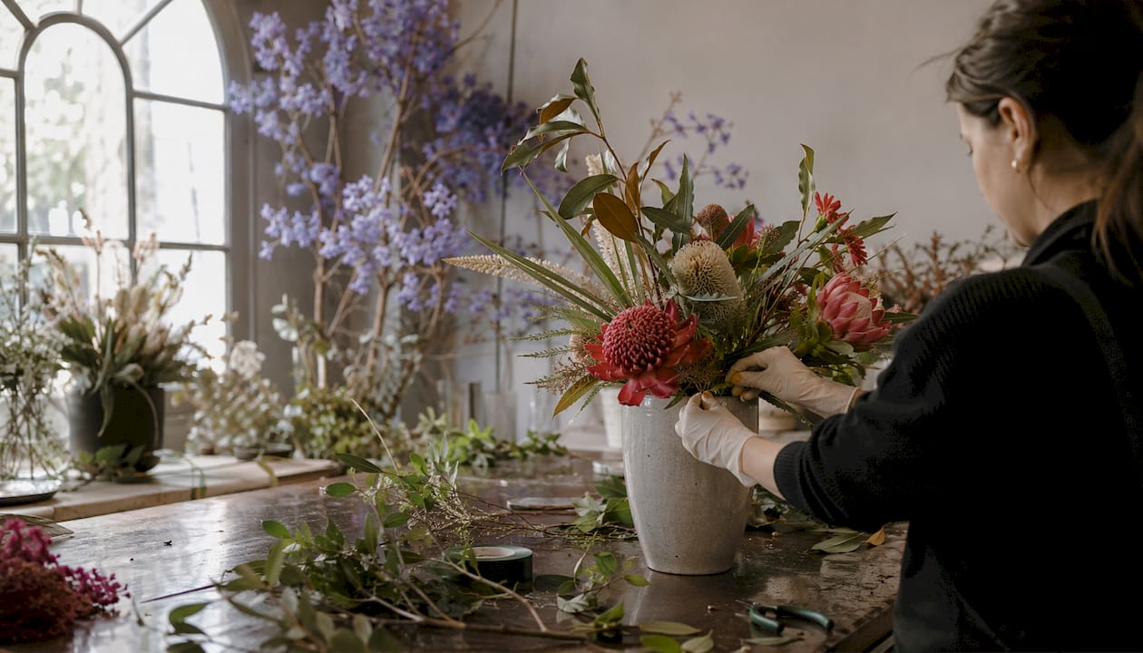 Florist arranging seasonal Sydney wedding flowers