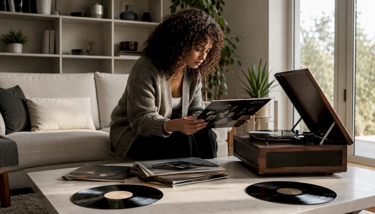 Hands selecting 70s-80s rock vinyl records