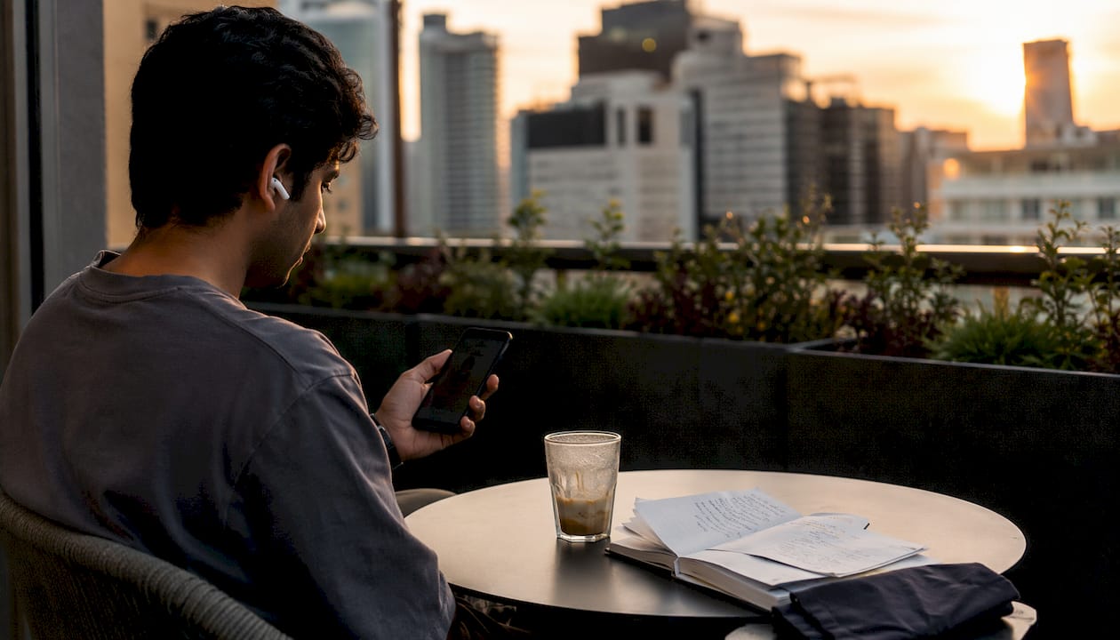 Young man planning modern wedding music on smartphone
