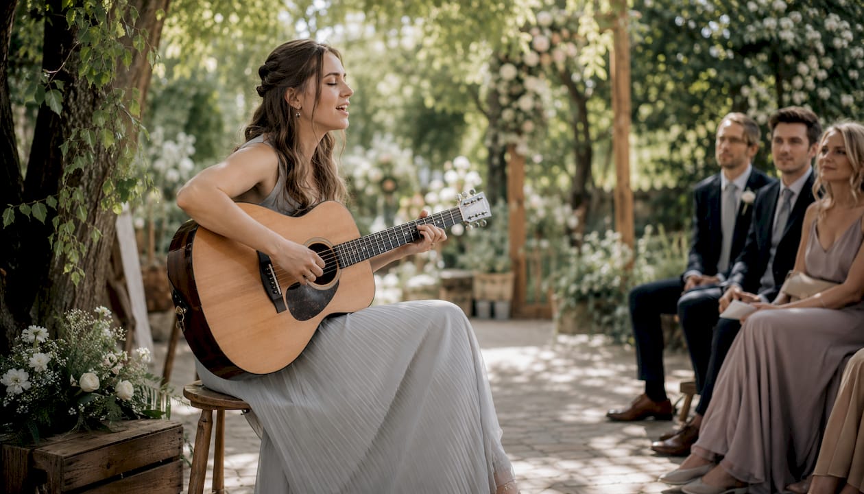 Female acoustic guitarist performing during wedding ceremony