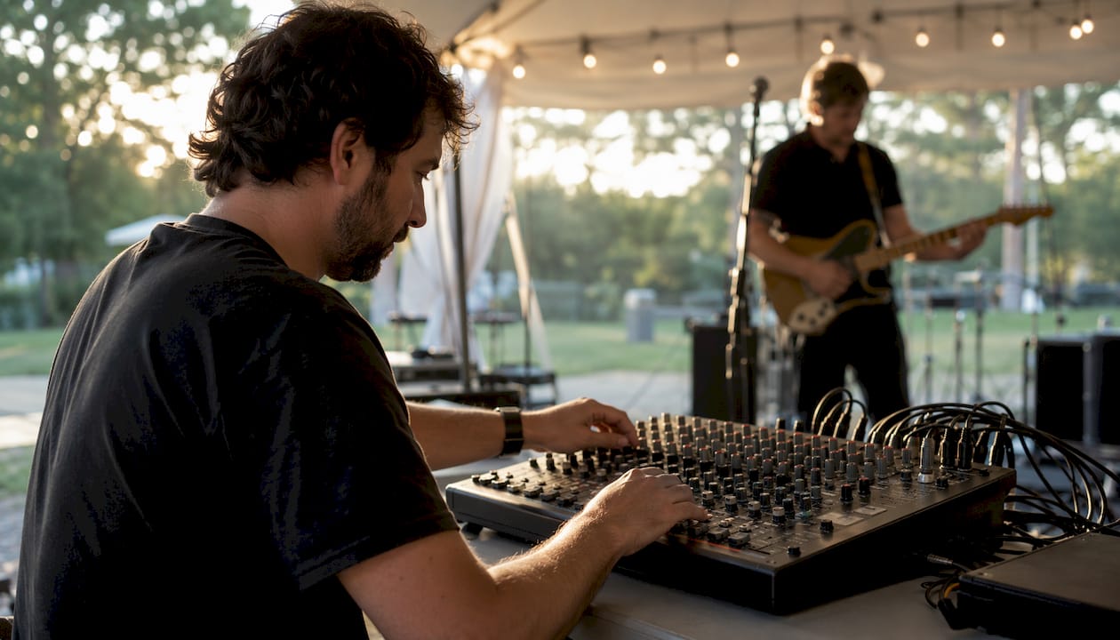 Sound engineer adjusting audio mixer for soundcheck