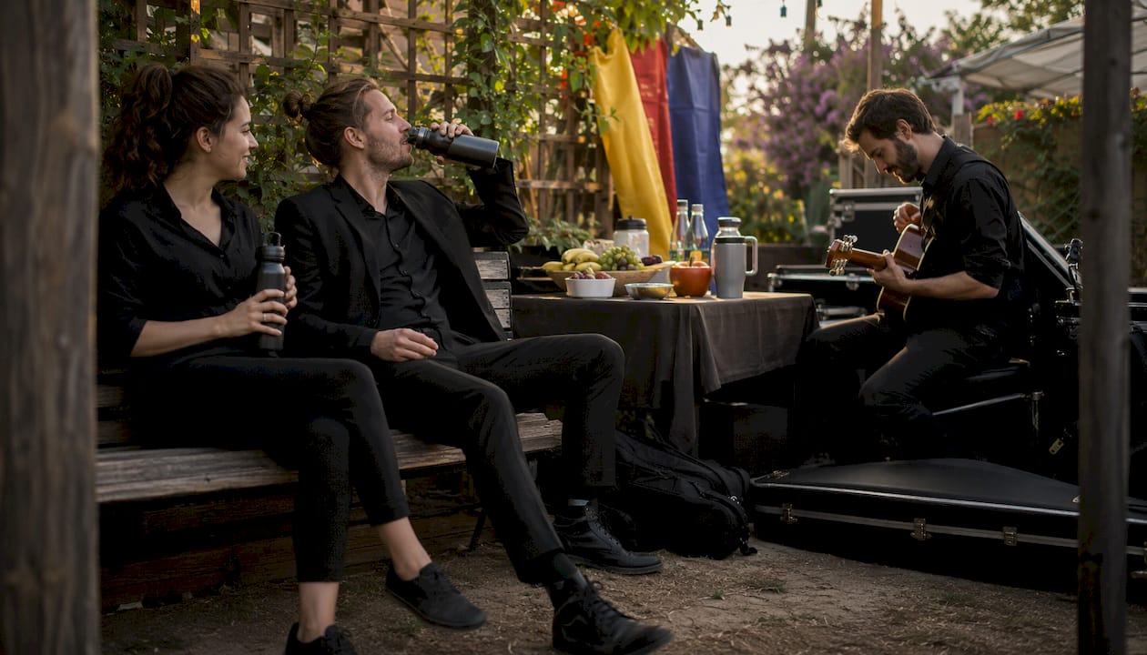 Wedding band resting backstage during performance break