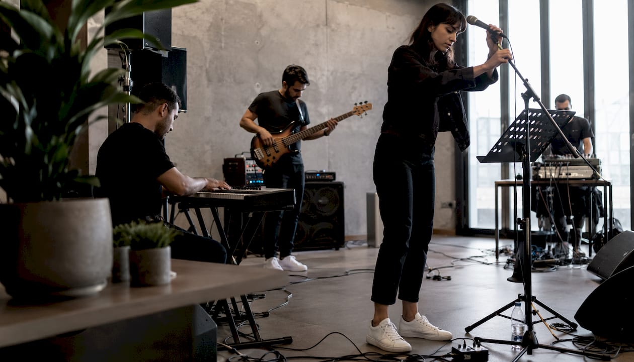 Band conducting soundcheck before performance