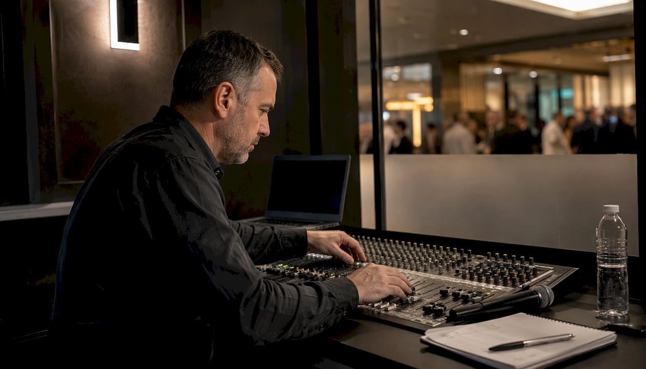 Hands adjusting audio mixing console for band