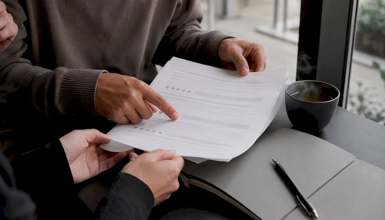 Close-up of hands reviewing wedding band testimonials