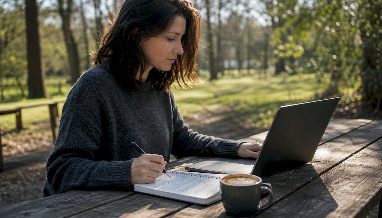 Woman browsing wedding band reviews in café