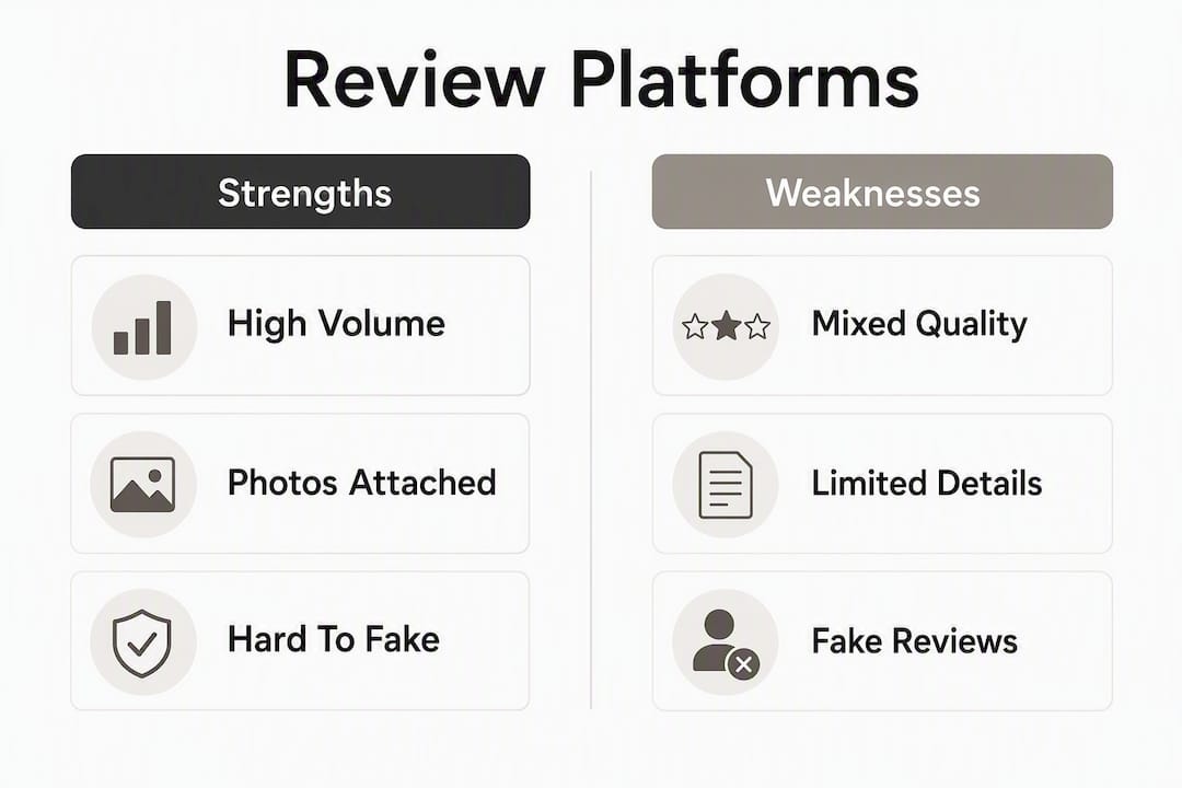 Infographic comparing review platform strengths and weaknesses