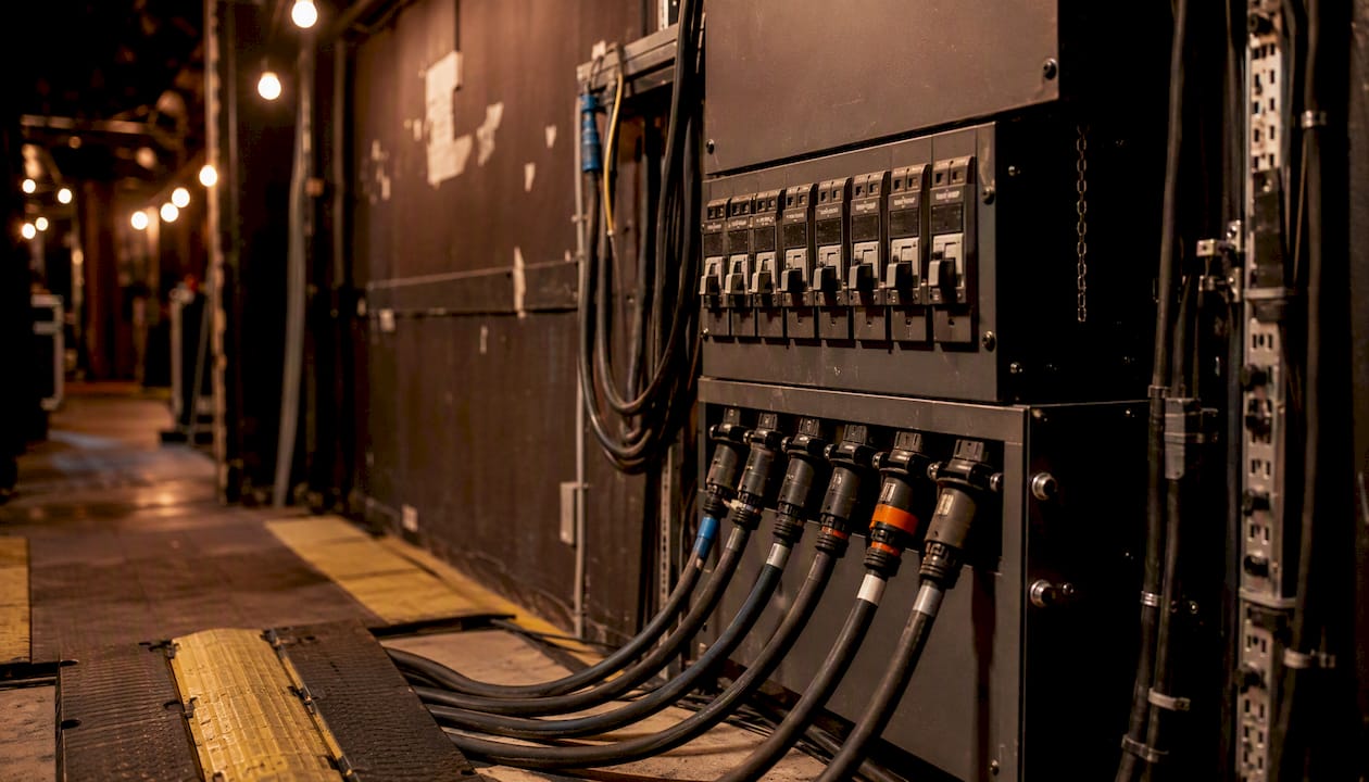 Power cables connected to dedicated circuit panel backstage