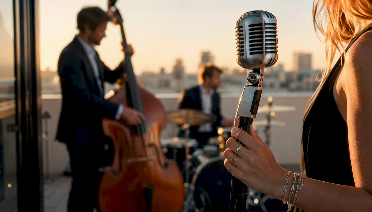 Close-up of vocalist adjusting mic during live wedding performance