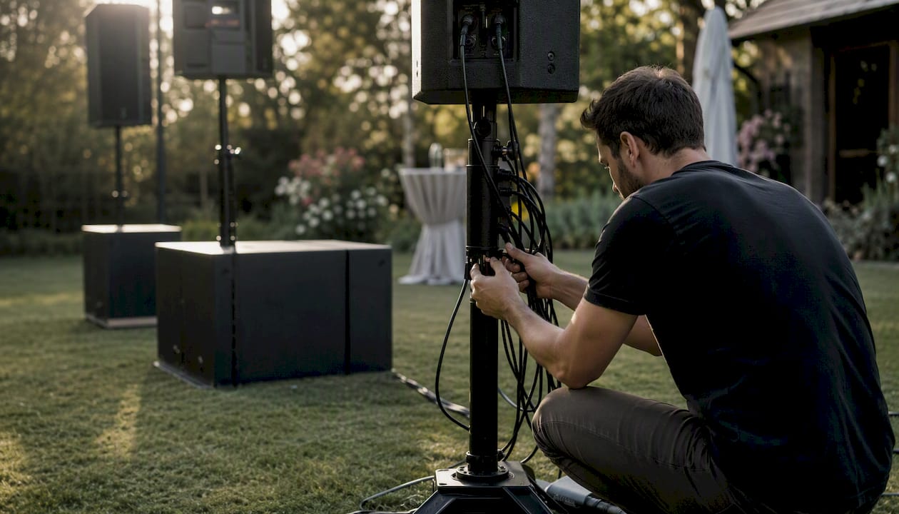 Technician adjusting outdoor PA speaker cables