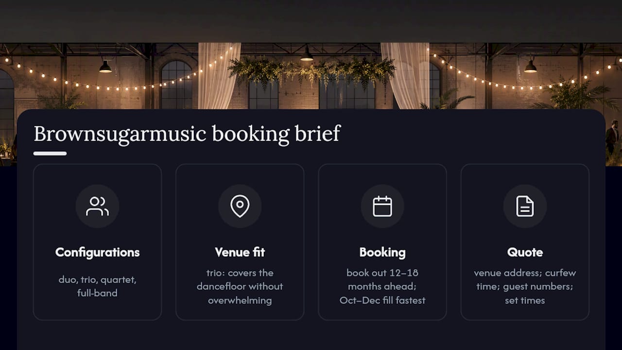How to book Brownsugarmusic for your warehouse wedding — overview diagram