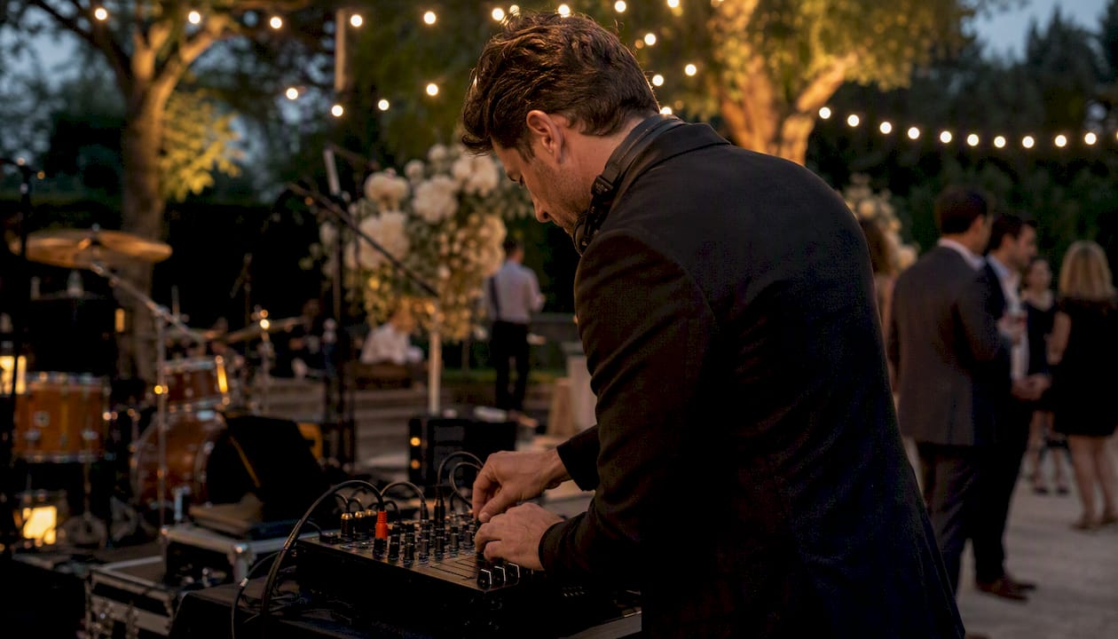 DJ hands adjusting mixer during wedding break