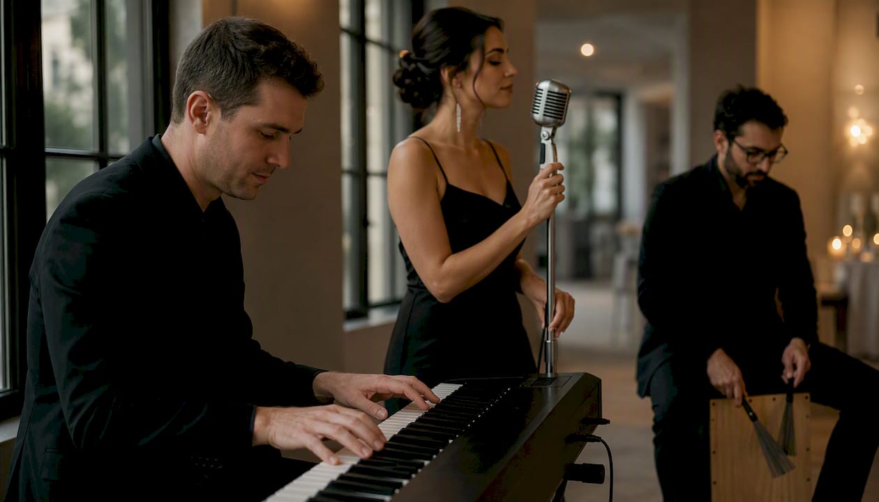 Small band trio playing intimate wedding