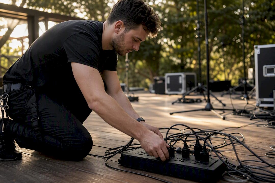 Hands connecting band cables on stage