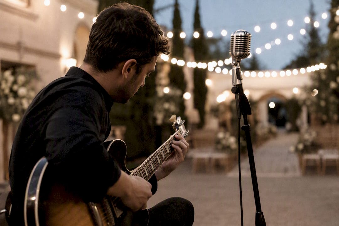 Musician rehearsing guitar soundcheck