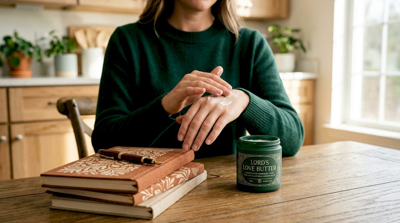 Hands applying moisturizer cream at desk