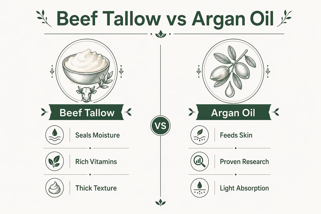 Infographic comparing beef tallow and argan oil moisturizing properties