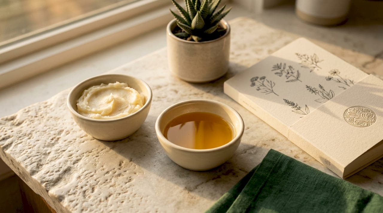 Close-up of beef tallow and argan oil textures on table