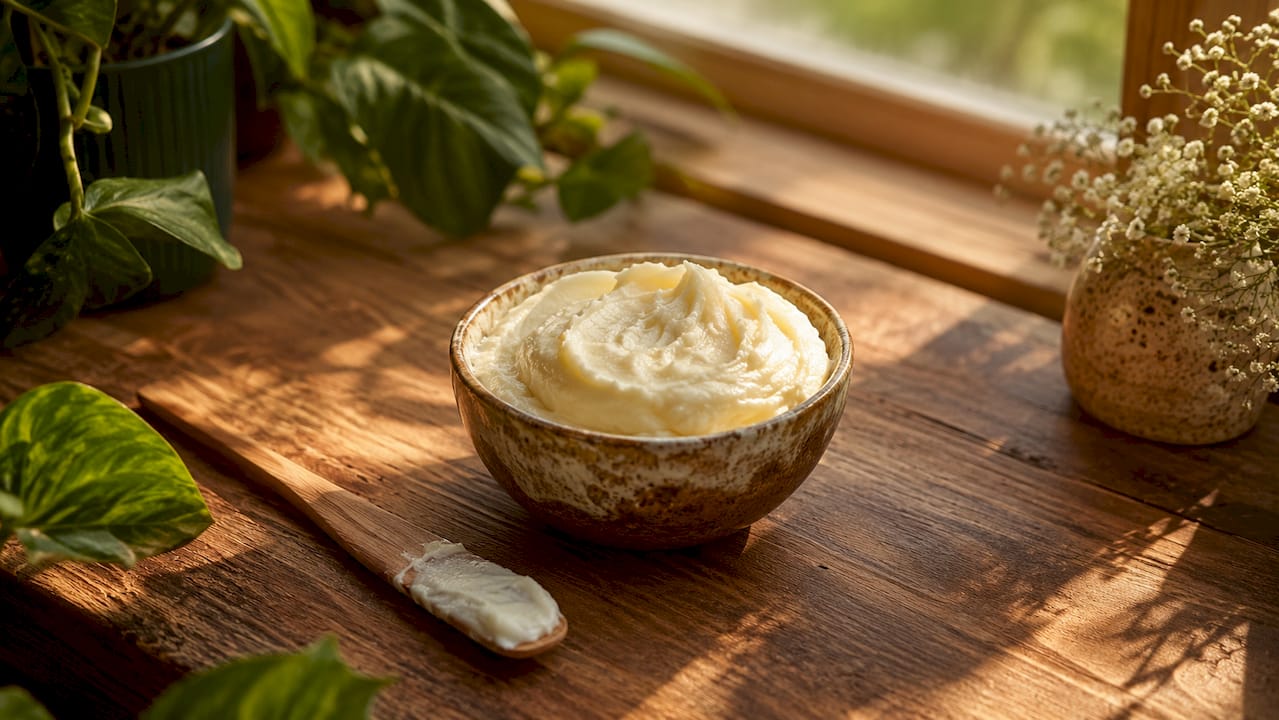 Close-up of whipped tallow balm in dish