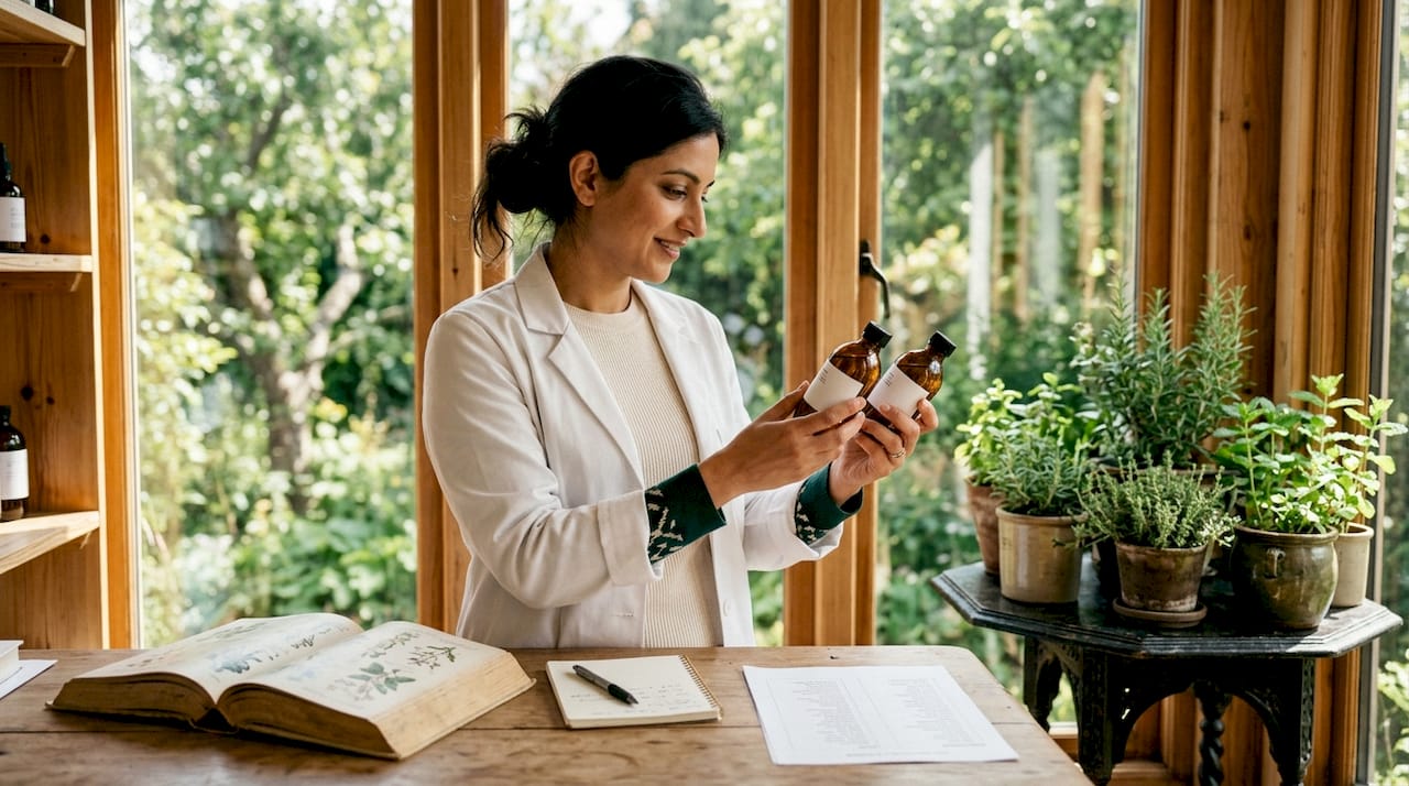 Dermatologist comparing skincare ingredient bottles