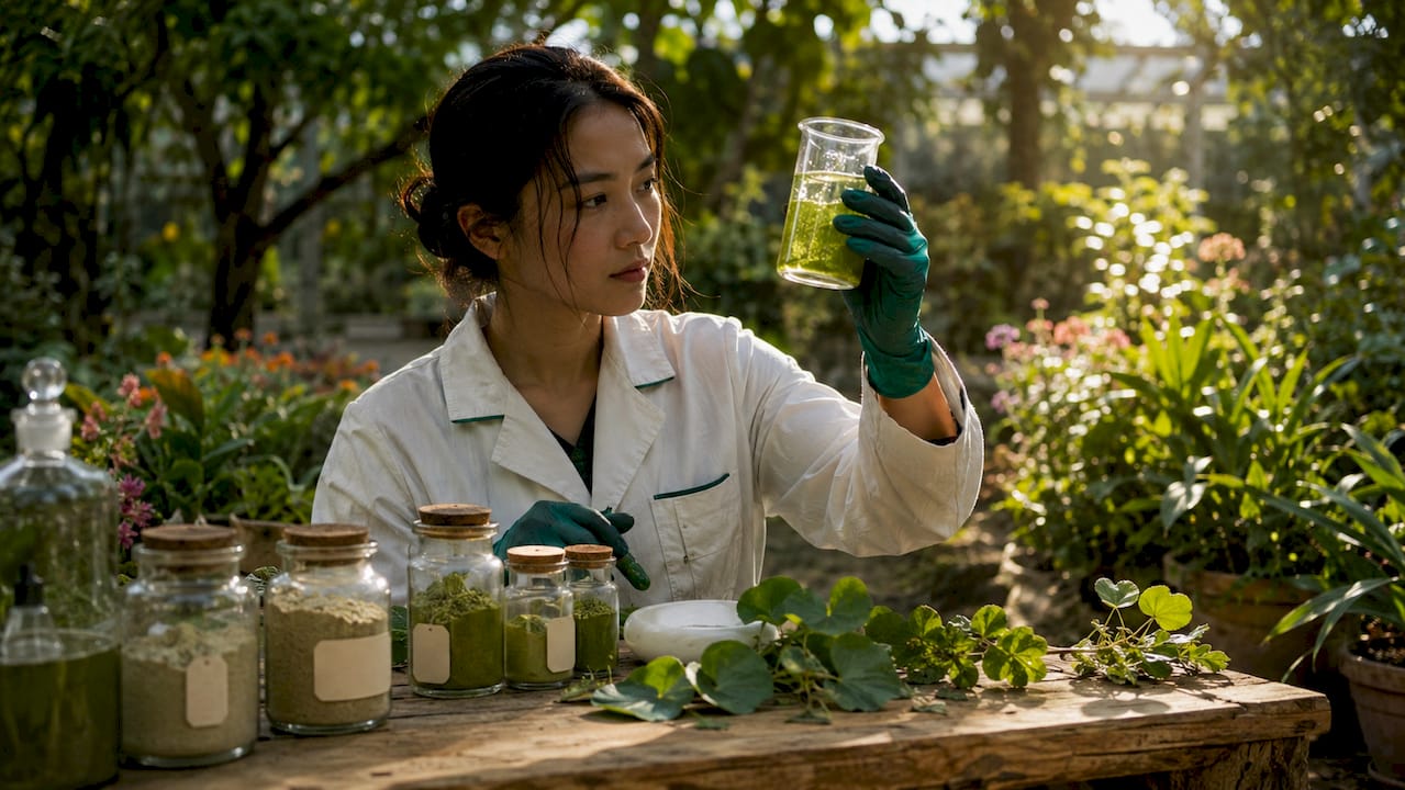 Scientist handling botanical skin extract in lab