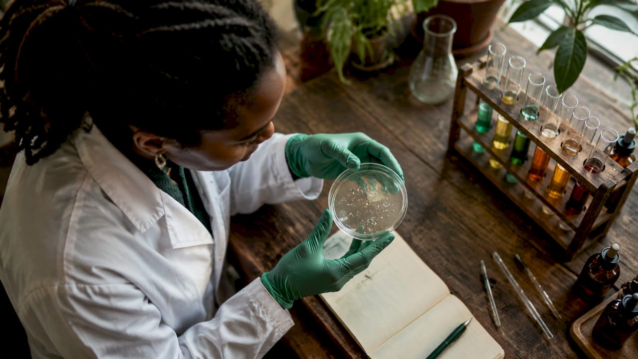 Scientist examining moisture in petri dish