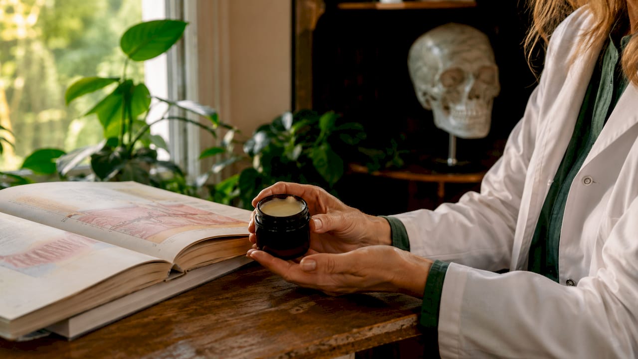 Dermatologist holding grass-fed tallow balm close-up