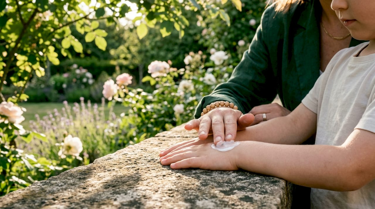Close-up of adult applying synthetic moisturizer on child's hands