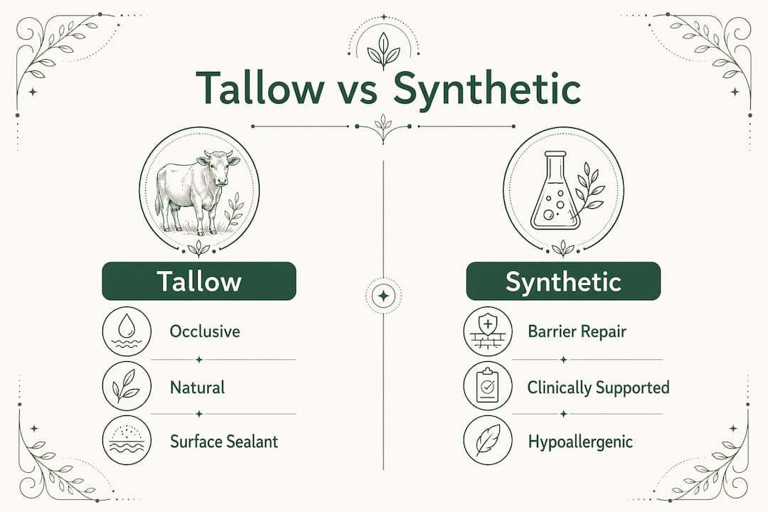 Comparison infographic of tallow versus synthetic moisturizers
