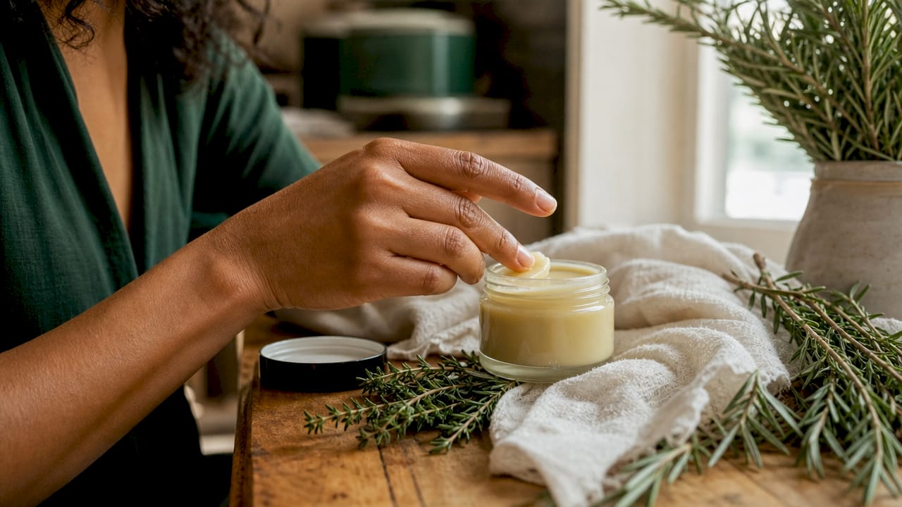 Overhead view of balm jar with hand scooping
