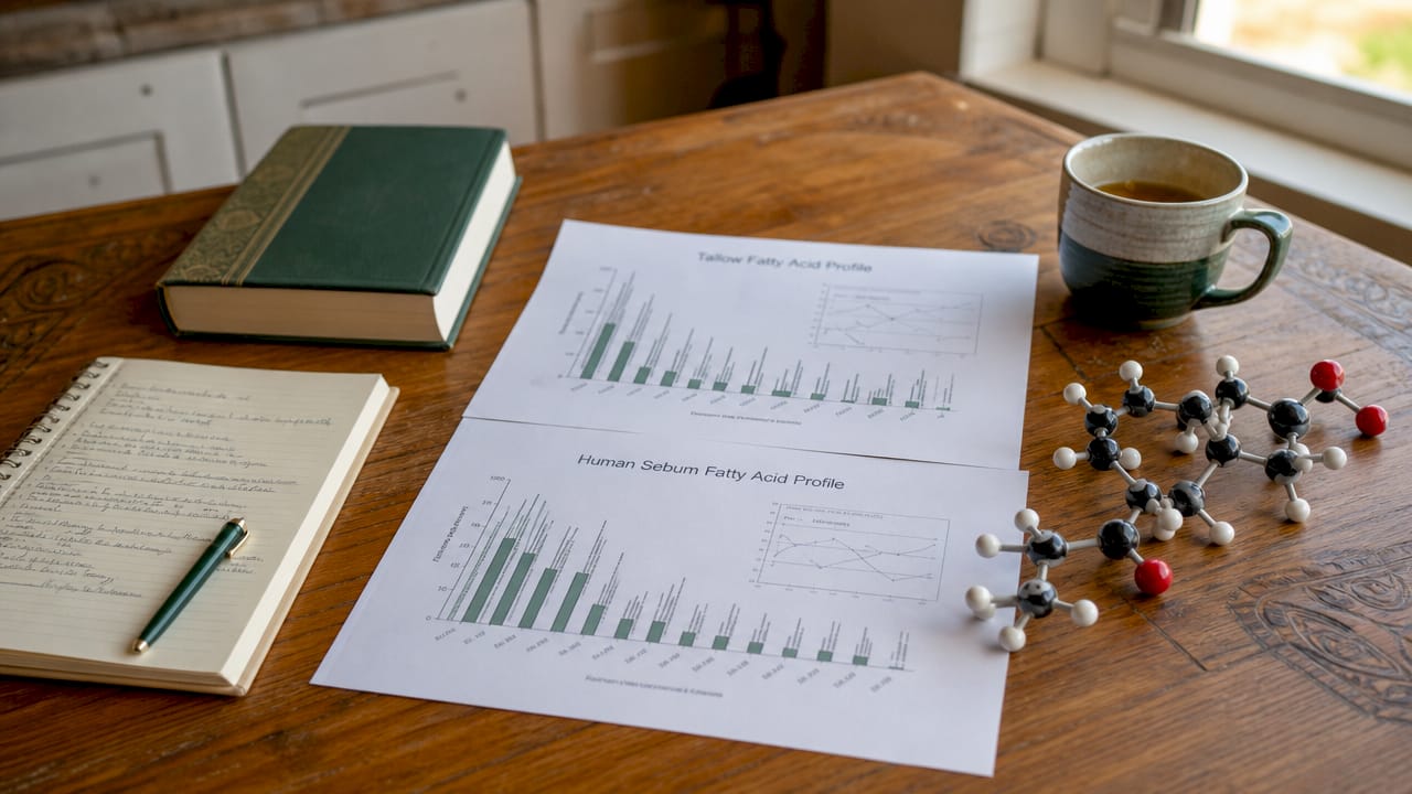 Overhead view of fatty acid charts and research materials