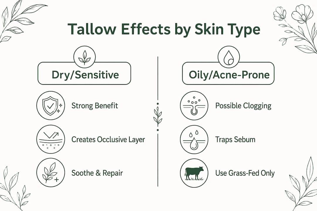 Infographic comparing tallow effects on dry versus oily skin types